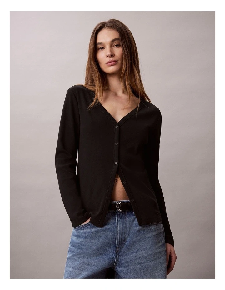 Woven Monologo Fine Rib Slim Cardigan in Black image 3