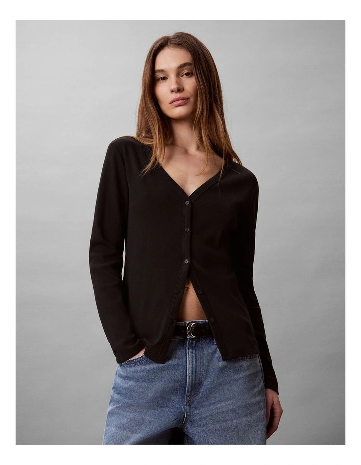 Woven Monologo Fine Rib Slim Cardigan in Black image 3