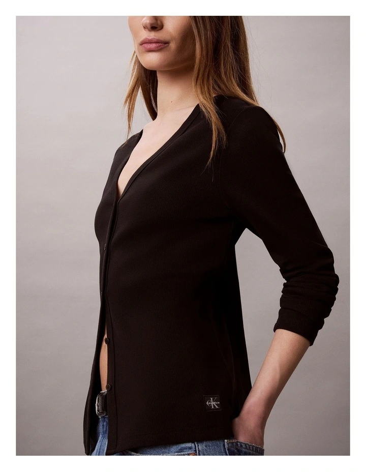 Woven Monologo Fine Rib Slim Cardigan in Black image 5