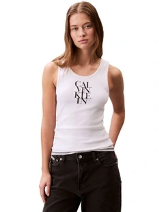 Logo Graphic Ribbed Tank Top in White