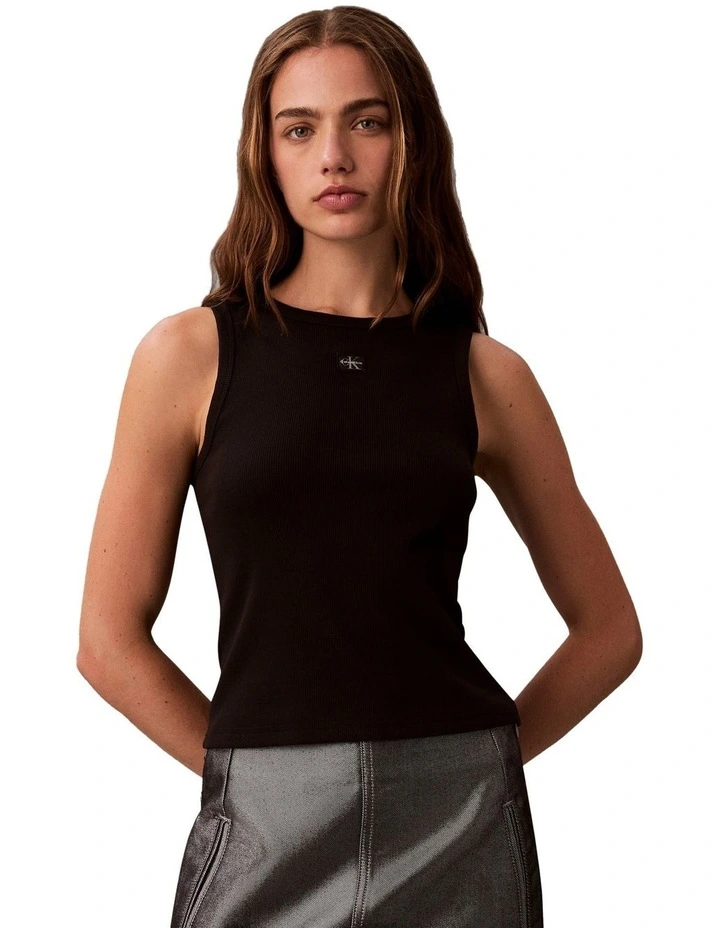 Woven Label Cotton Rib Tank in Black image 1