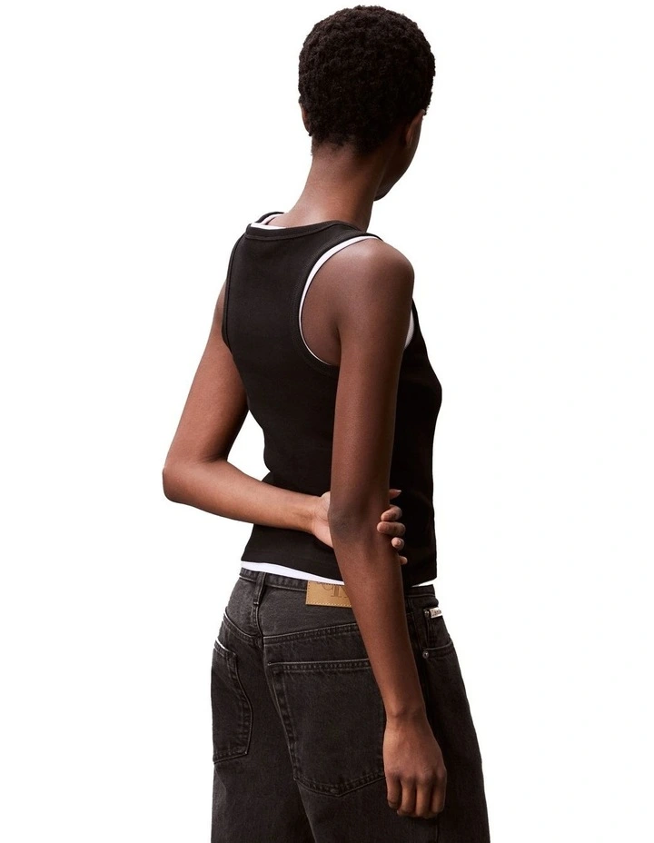 Woven Label Cotton Rib Tank in Black image 2