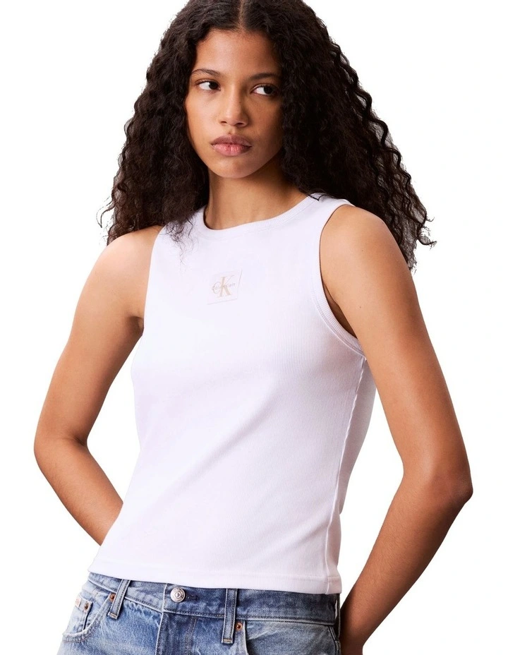 Woven Label Cotton Rib Tank in White image 3