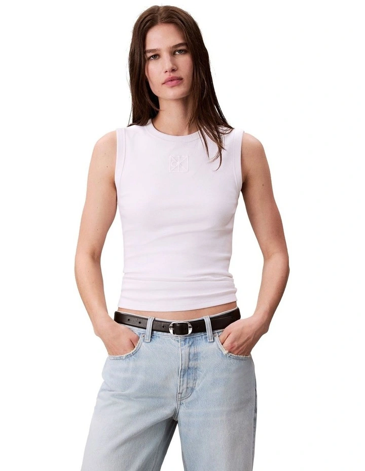 Refined Rib Short Sleeve Emblem Tank in White image 1