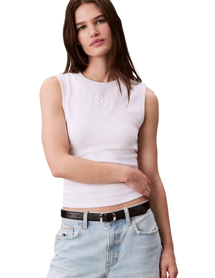 Refined Rib Short Sleeve Emblem Tank in White image 4