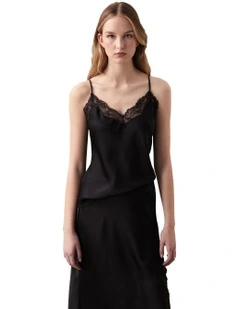 Matte Satin Cami With Lace in Black
