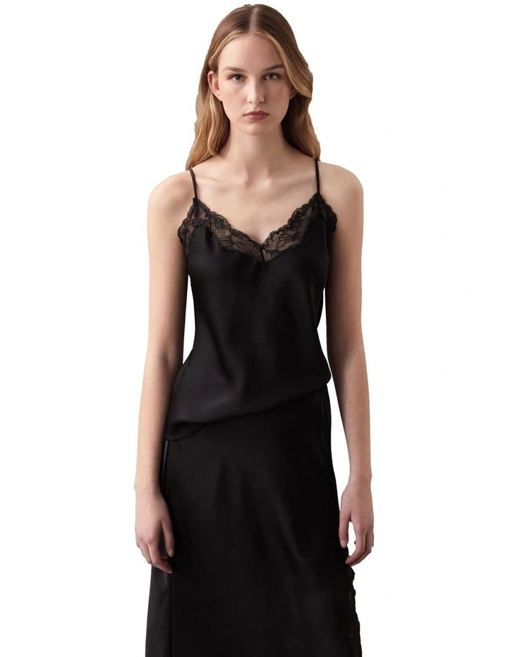 Matte Satin Cami With Lace in Black image 1