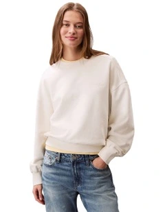 Embroided Logo French Terry Crewneck Jumper in Beige