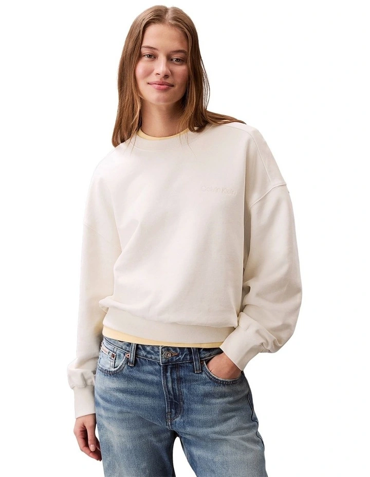 Embroided Logo French Terry Crewneck Jumper in Beige image 1