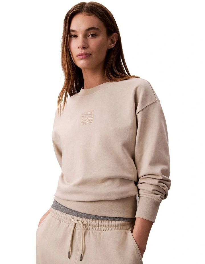 Long Sleeve Premium Terry Emblem Logo Crew in Beige image 3