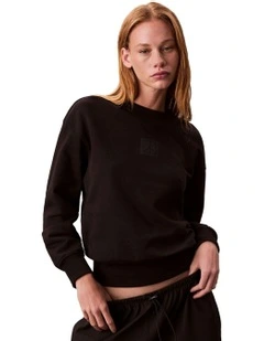 Long Sleeve Premium Terry Emblem Logo Crew in Black