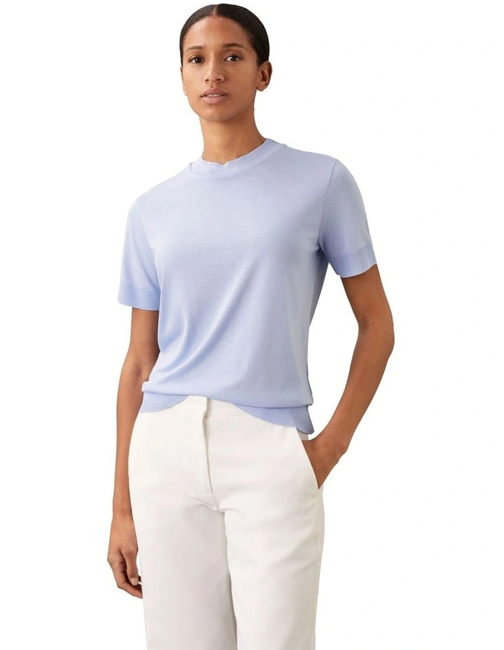 Silk Touch Fine Knit Mock Neck Tee in Moderate Blue image 1