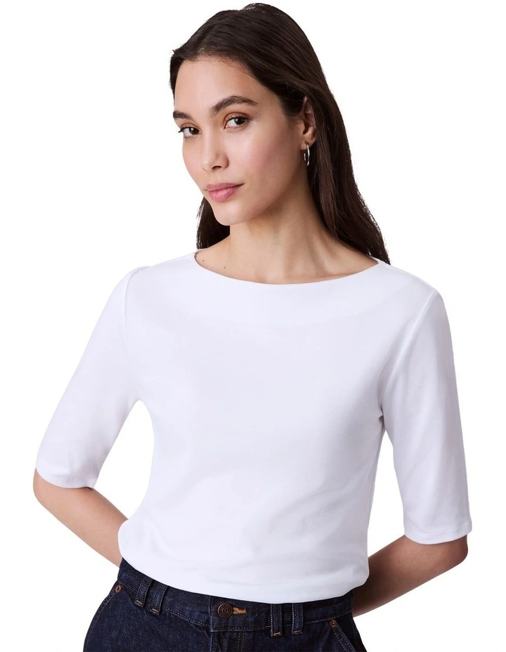 Half Sleeve Supima Boatneck Top in White image 4