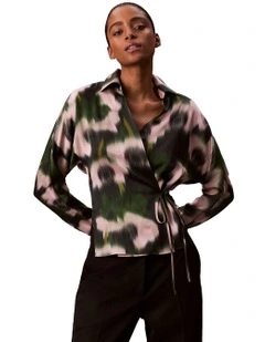 Printed Satin Long Sleeve Tie Top in Black