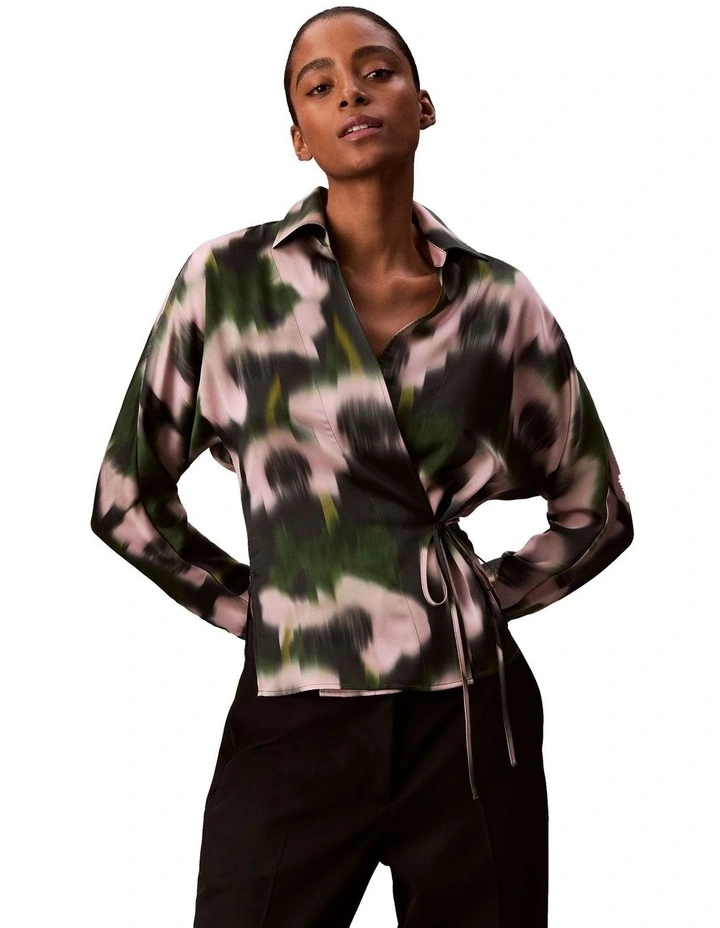 Printed Satin Long Sleeve Tie Top in Black image 1