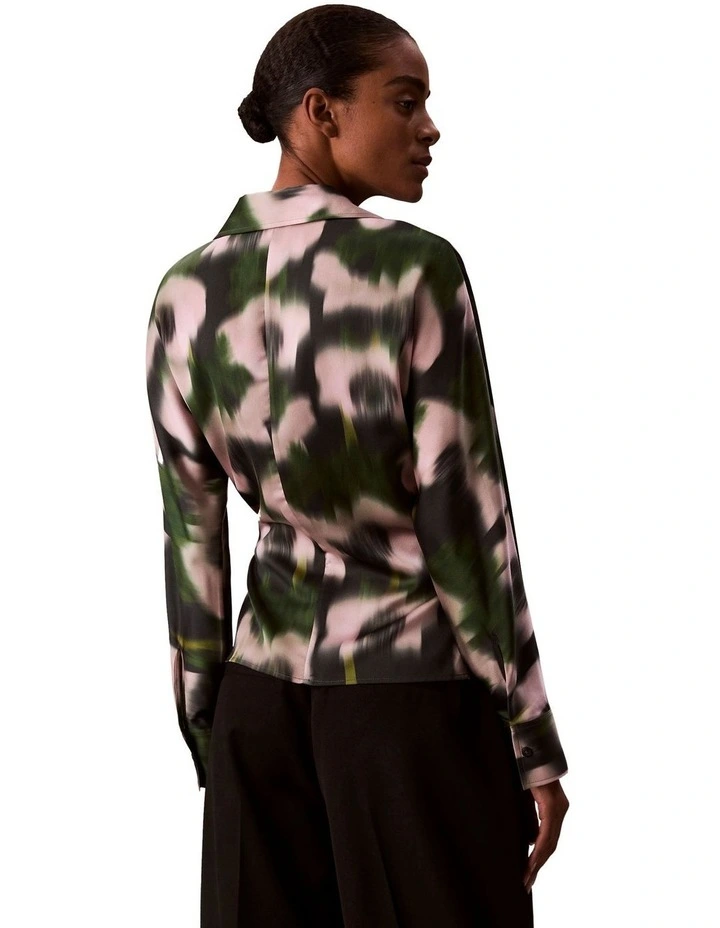 Printed Satin Long Sleeve Tie Top in Black image 2