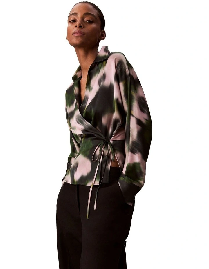 Printed Satin Long Sleeve Tie Top in Black image 3