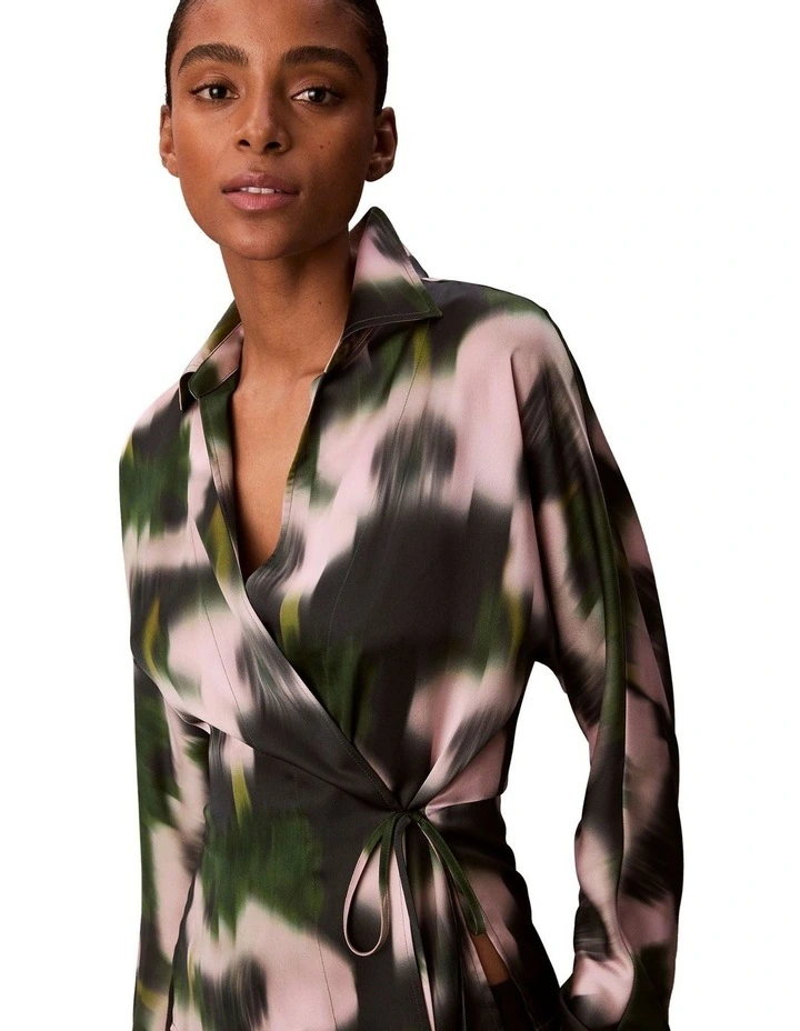 Printed Satin Long Sleeve Tie Top in Black image 4