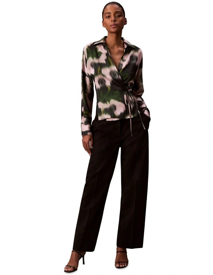 Printed Satin Long Sleeve Tie Top in Black image 5