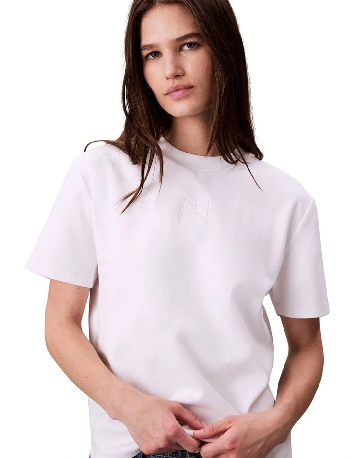 Short Sleeve Emblem Mock Neck Relaxed Tee in White image 1