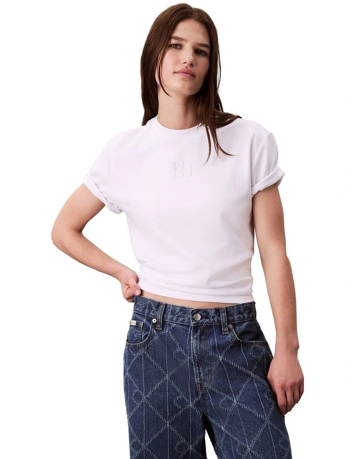 Short Sleeve Emblem Mock Neck Relaxed Tee in White image 3