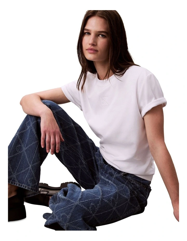 Short Sleeve Emblem Mock Neck Relaxed Tee in White image 4