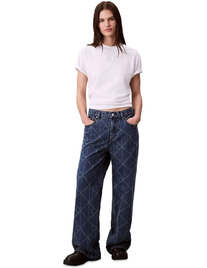 Short Sleeve Emblem Mock Neck Relaxed Tee in White image 5