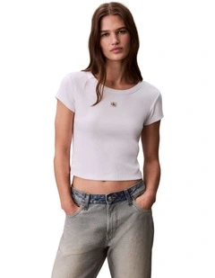 Woven Label Rib Baby Tee in White