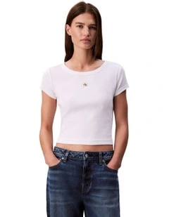 Woven Label Rib Baby Tee in White