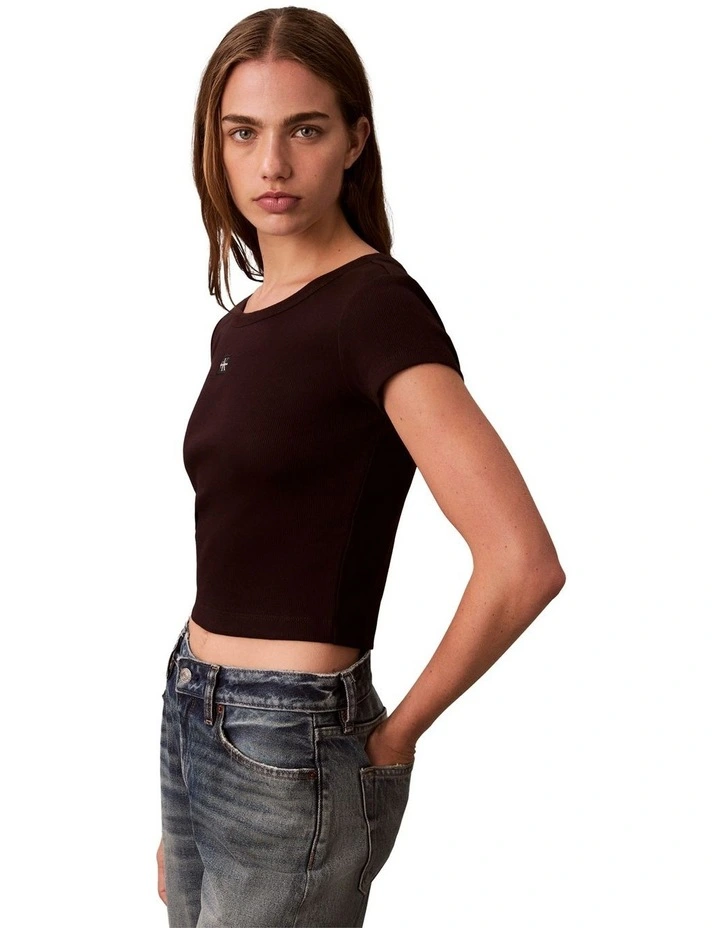 Woven Label Rib Baby Tee in Brown image 3