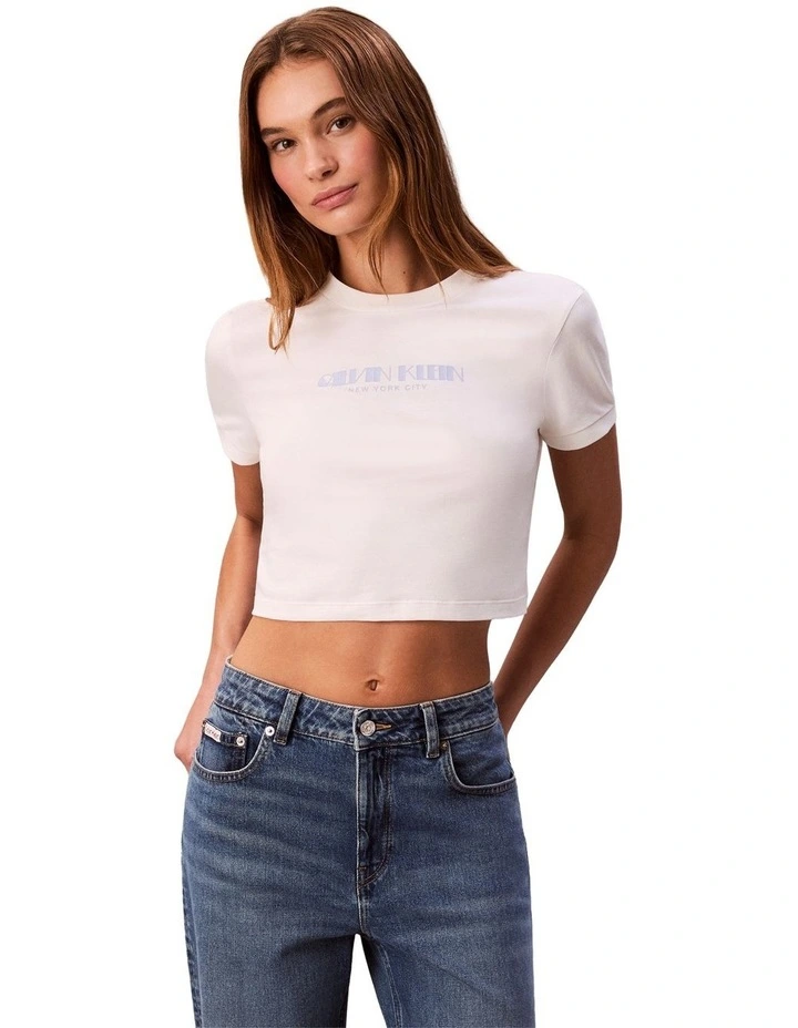 Short Sleeve Logo Cropped Tee in White Greige image 1