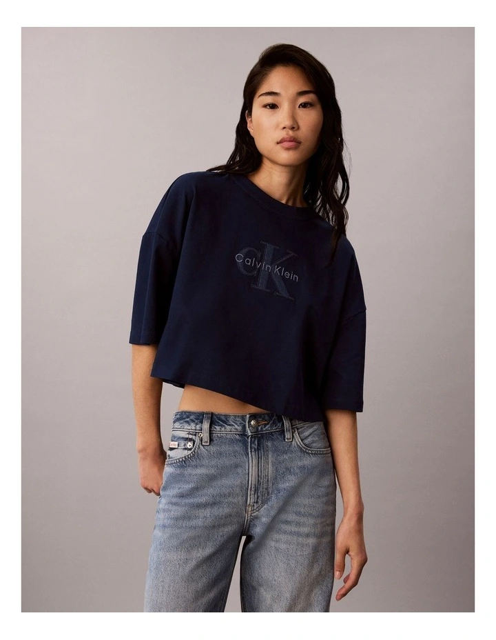 Denim Monologo Boxy Cropped T-Shirt in Pageant Blue image 1