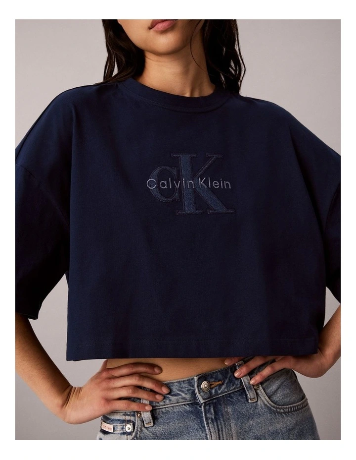 Denim Monologo Boxy Cropped T-Shirt in Pageant Blue image 4