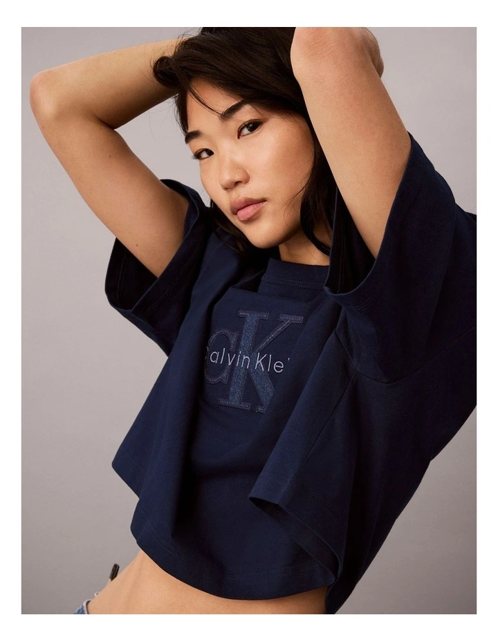 Denim Monologo Boxy Cropped T-Shirt in Pageant Blue image 5