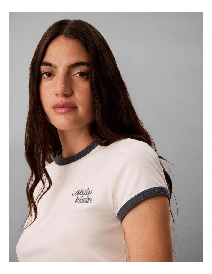 Calvin Klein Logo Slim Ringer Tee in Tofu image 5