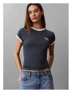 Calvin Klein Logo Slim Ringer Tee in Dark Slate