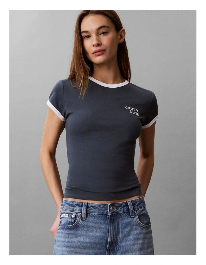 Calvin Klein Logo Slim Ringer Tee in Dark Slate image 1
