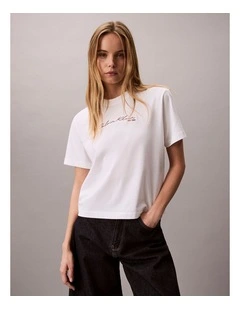 Short Sleeve Script Logo Graphic Boxy Tee in Bright White
