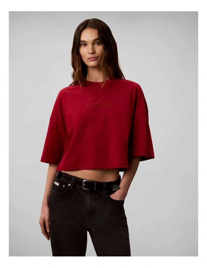 Boxy Cropped Script Logo T-Shirt in Rio Red image 1