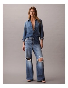 Low Rise Baggy Jean in Slashed Indigo