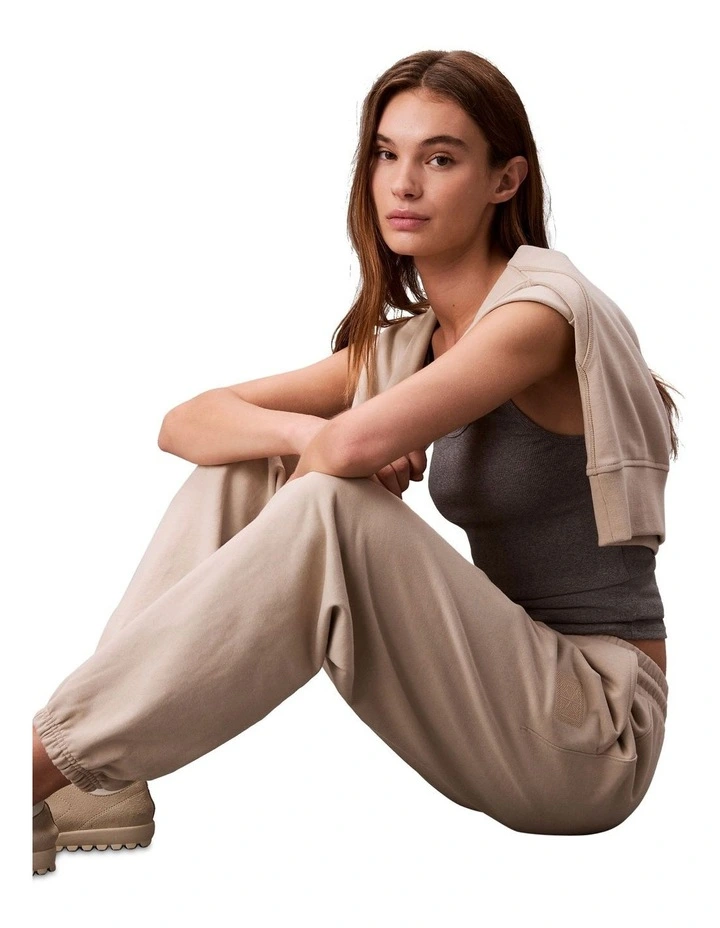 Premium Terry Emblem Relaxed Jogger in Beige image 5