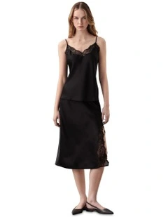 Matte Shine Satin Lace Trim Midi Skirt in Black