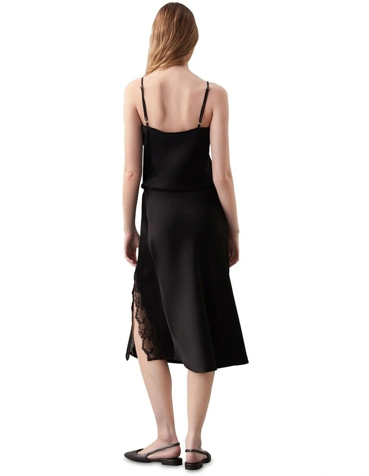 Matte Shine Satin Lace Trim Midi Skirt in Black image 2