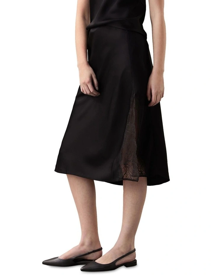 Matte Shine Satin Lace Trim Midi Skirt in Black image 3