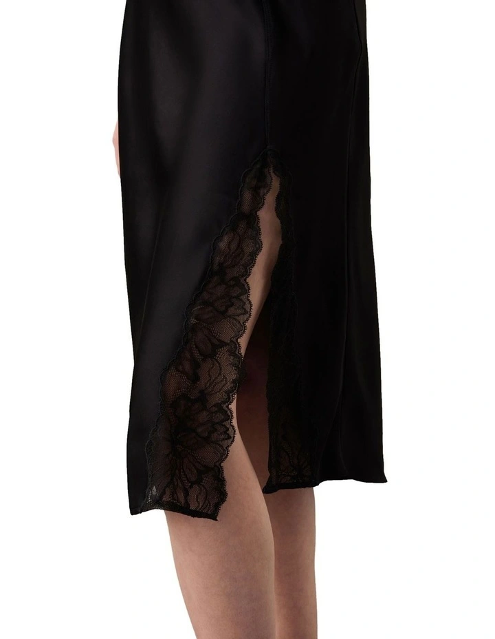 Matte Shine Satin Lace Trim Midi Skirt in Black image 4