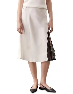 Matte Shine Satin Lace Trim Midi Skirt in Cream