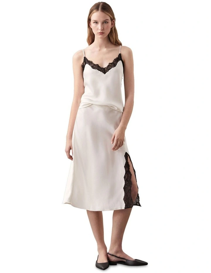Matte Shine Satin Lace Trim Midi Skirt in Cream image 4