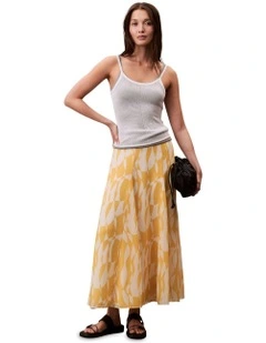 Printed Chiffon Godet Midi Skirt in Yellow