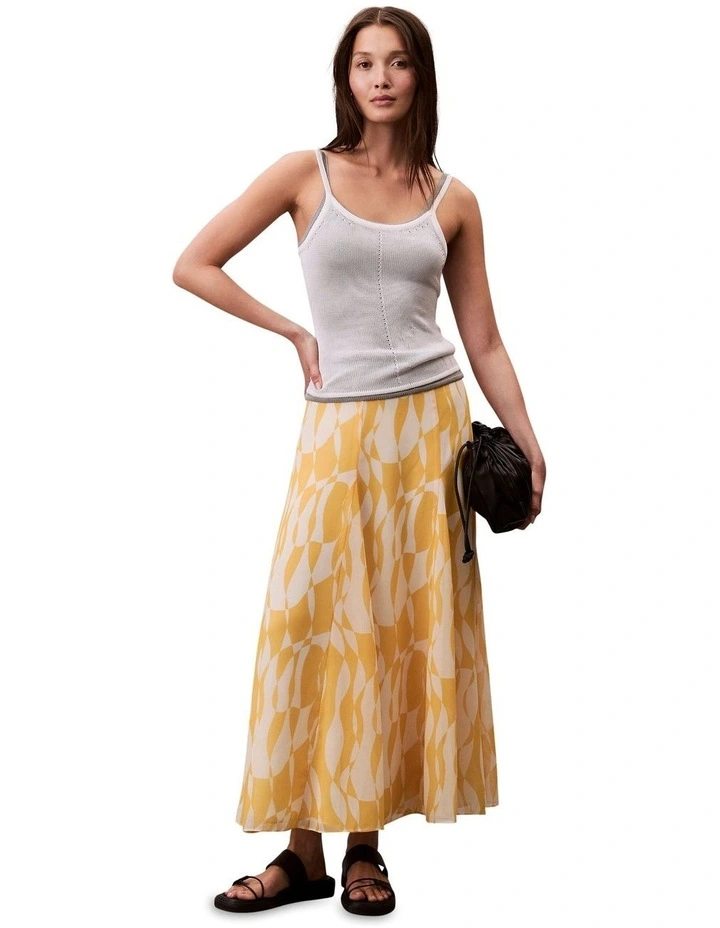 Printed Chiffon Godet Midi Skirt in Yellow image 1