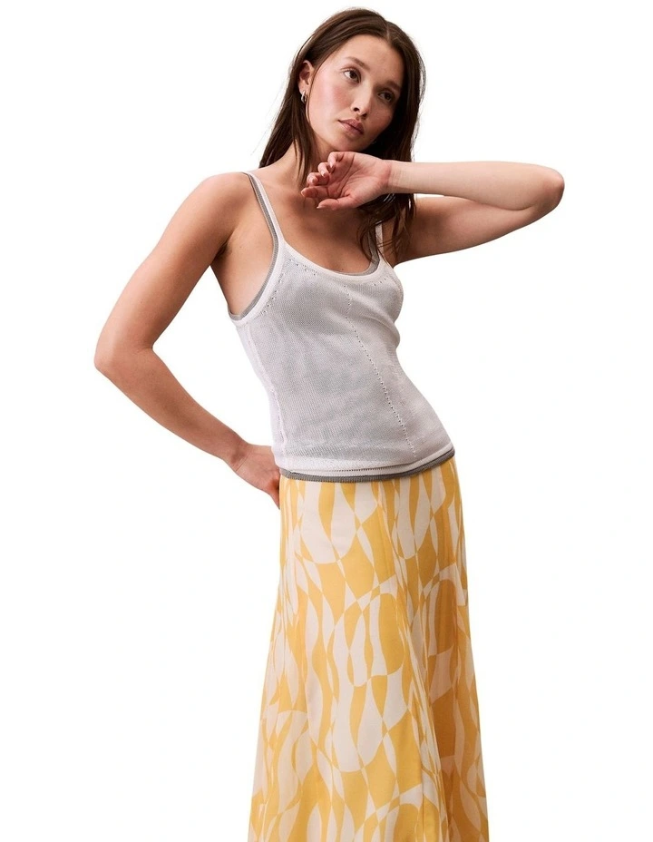 Printed Chiffon Godet Midi Skirt in Yellow image 3